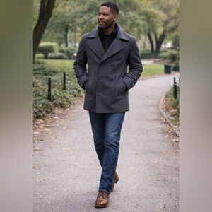 Kenneth Cole Reaction Men’s Charcoal Wool Blend Pea Coat Size M EUC